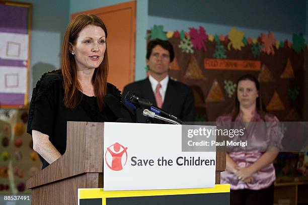 Julianne Moore, Artist Ambassador, Save the Children's U.S. Programs, talks with the press at the "Disaster Decade: Lessons Unlearned For The United...