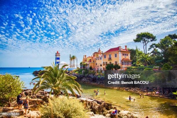 lighthouse farol de santa marta, cascais, lisbon area, portugal - cascais stockfoto's en -beelden