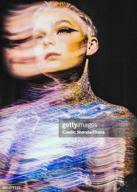 beauty girl with glitter on the body and dissapearing face - crew cut stock pictures, royalty-free photos & images