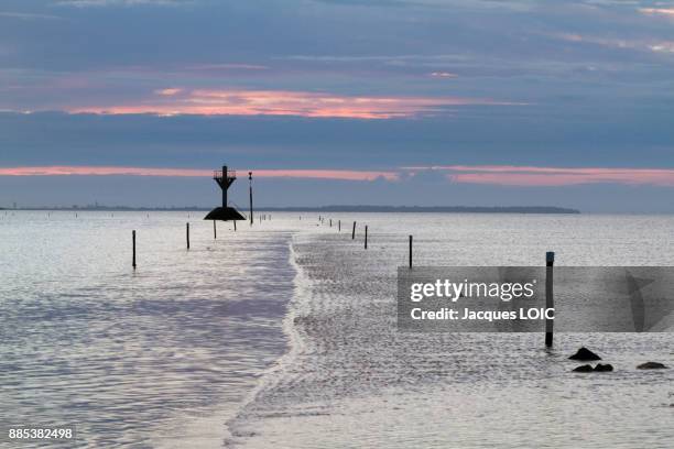 france, vendee, passage du gois, passable road at low tide. - vendée fotografías e imágenes de stock