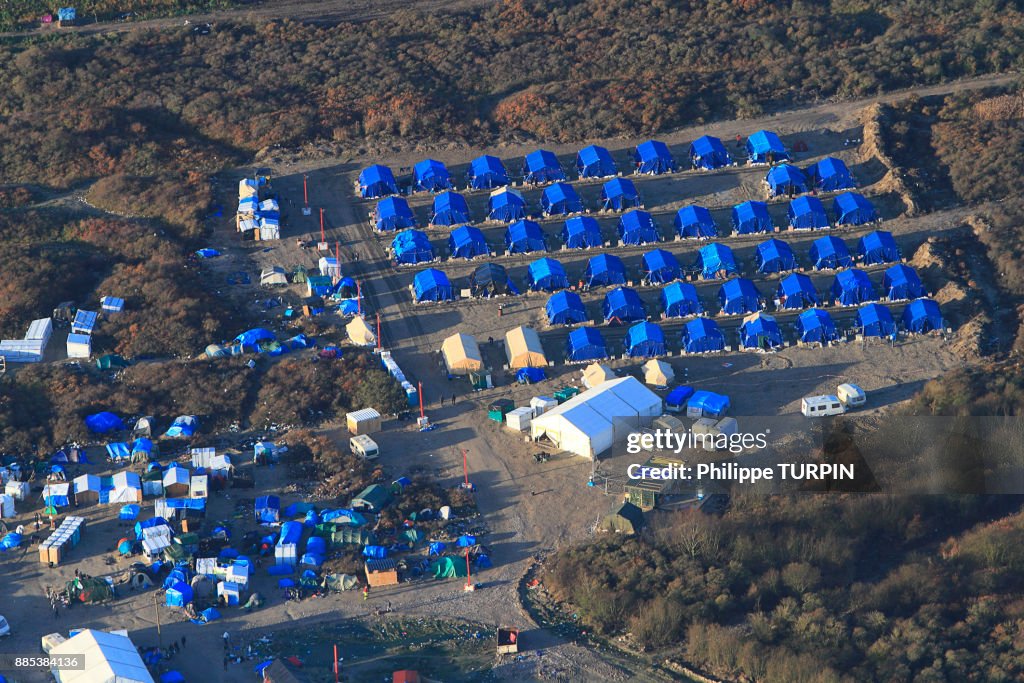 France, Pas de Calais, Calais. Aerial view of the jungle. Migrants camp..