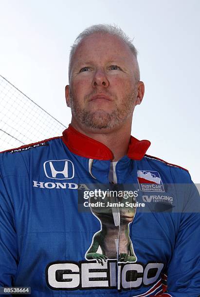 Paul Tracy, driver of the GEICO/KV Racing Dallara Honda, looks on during Miller Lite Carb Day practice for the IRL IndyCar Series 93rd running of the...