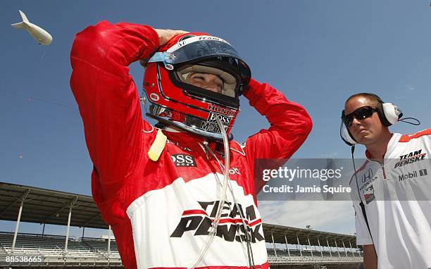 Helio Castroneves driver of the Team Penske Dallara Honda during Miller Lite Carb Day practice for the IRL IndyCar Series 93rd running of the...