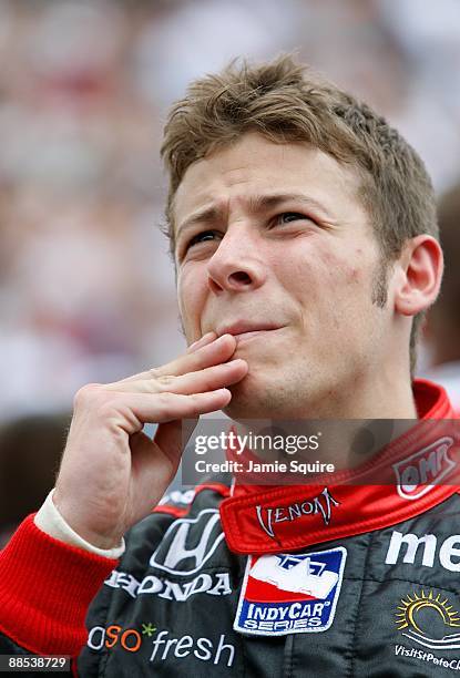 Marco Andretti, driver of the Team Venom Andretti Green Racing Honda Dallara, looks on during Miller Lite Carb Day practice for the IRL IndyCar...
