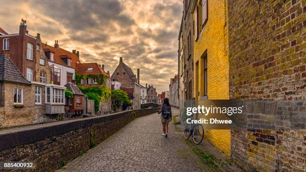 woman walking alone in bruges against sunrise - belgium canal stockfoto's en -beelden