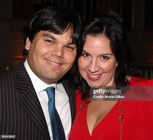 Robert Lopez and Kristen Anderson Lopez pose at the opening night party for "Shrek The Musical" on Broadway at the Plaza hotel on December 14, 2008...