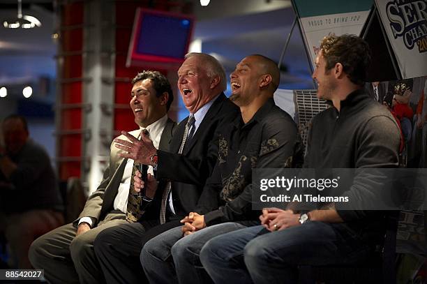 Philadelphia Phillies manager Charlie Manuel with general manager Ruben Amaro Jr., Shane Victorino, and Chase Utley during season ticket holders meet...