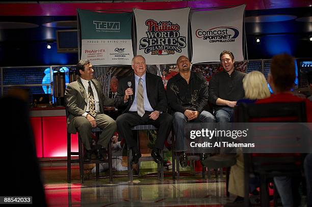 Philadelphia Phillies general manager Ruben Amaro Jr., manager Charlie Manuel, Shane Victorino, and Chase Utley during season ticket holders meet &...