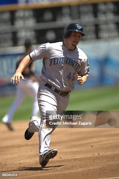 Travis Snider of the Toronto Blue Jays runs the bases during the game against the Oakland Athletics at the Oakland Coliseum on May 9, 2009 in...