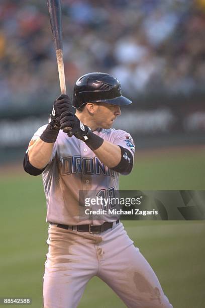 Marco Scutaro of the Toronto Blue Jays at bat during the game against the Oakland Athletics at the Oakland Coliseum on May 8, 2009 in Oakland,...