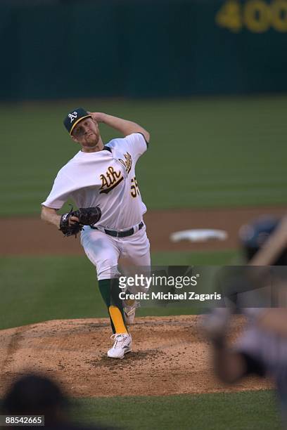Josh Outman of the Oakland Athletics pitches during the game against the Toronto Blue Jays at the Oakland Coliseum on May 8, 2009 in Oakland,...