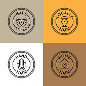 Vector set of emblems, badges and icons for handcrafted goods  crafters and designers selling unique, handmade goods - round tags for packaging and lables