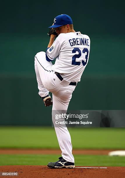 Starting pitcher Zack Greinke of the Kansas City Royals pitches just prior to the start of the game against the Arizona Diamondbacks on June 17, 2009...