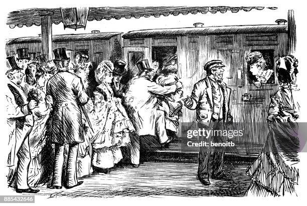 passengers boarding train - crowded train platform stock illustrations