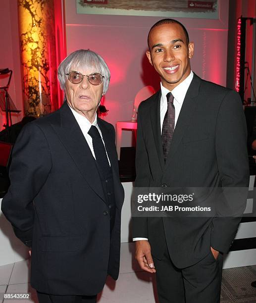 Bernie Ecclestone and Lewis Hamilton attends the F1 Party In Aid Of Great Ormond Street at Victoria & Albert Museum on June 17, 2009 in London,...