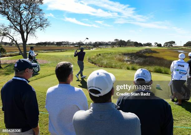 Kevin Kisner plays a shotr on the fifth hole during the final round of The RSM Classic at the Sea Island Resort Seaside Course on November 19, 2017...