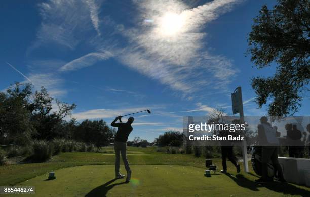Chris Kirk plays a shot on the ninth hole during the final round of The RSM Classic at the Sea Island Resort Seaside Course on November 19, 2017 in...
