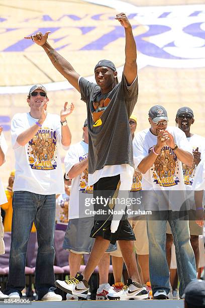 Kobe Bryant is introduced during the Los Angeles Lakers Championship Rally on June 17, 2009 at the Los Angeles Memorial Coliseim in Los Angeles,...