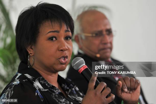 Astronaut Mae Carol Jemison is flanked by former Indian Air Force pilot Rakesh Sharma as she speaks during a press conference on the sidelines of the...