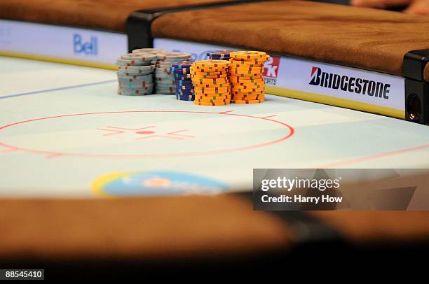 View of the chips used during the NHL Charity Shootout at the World Series of Poker at the Rio Hotel & Casino in Las Vegas, Nevada on June 17, 2009.