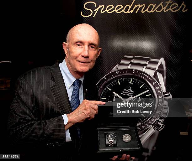 Apollo Astronaut General Thomas Stafford poses with the Omega Speedmaster commemorating the 40th Anniversary of Apollo 11 at a cocktail reception...