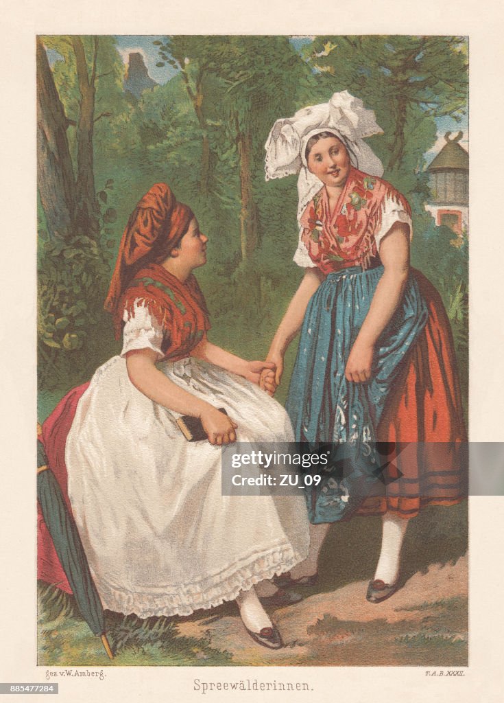 Sorb women, Slavic ethnicity in Germany, lithograph, published 1886