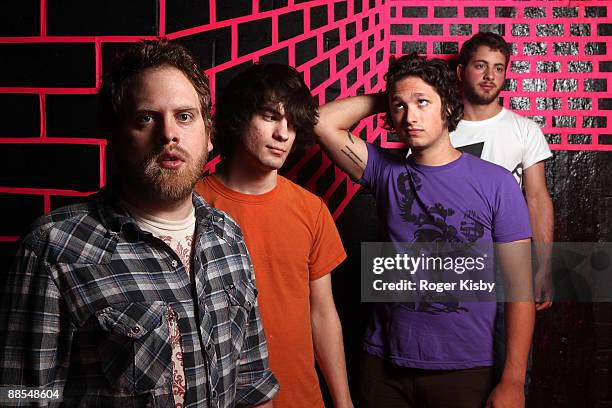 James Harvey, Mike Cammarata, Ben Money and Farzad Houshiarnejad of Drink Up Buttercup backstage before their performance at Santos Party House on...