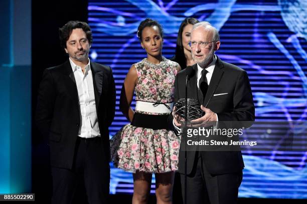 Alphabet president Sergey Brin, Kerry Washington and Breakthrough Prize in Life Sciences Laureate Don W. Cleveland speak onstage during the 2018...