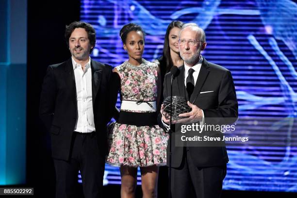 Alphabet president Sergey Brin, Kerry Washington and Breakthrough Prize in Life Sciences Laureate Don W. Cleveland speak onstage during the 2018...