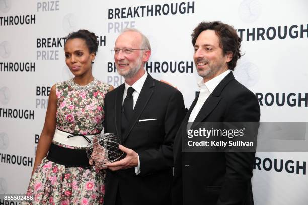 Kerry Washington, Breakthrough Prize in Life Sciences Laureate Don W. Cleveland, and Alphabet president Sergey Brin attend the 2018 Breakthrough...