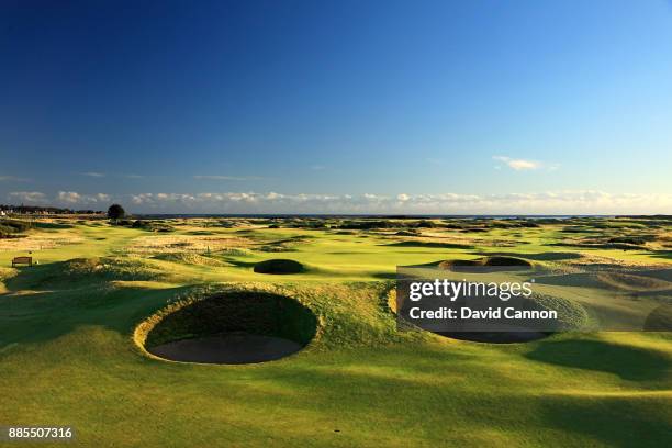 View from just short of the 'Spectacles Bunkers' on the par 5, 14th hole 'Spectacles' on the Championship Links at Carnoustie Golf Links the host...