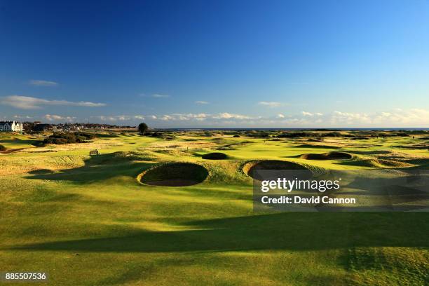 View from just short of the 'Spectacles Bunkers' on the par 5, 14th hole 'Spectacles' on the Championship Links at Carnoustie Golf Links the host...