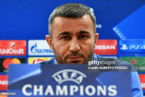 Qarabag's Azerbaijani coach Gurban Gurbanov gives a press conference on the eve of UEFA Champions League group C football match between AS Roma and...