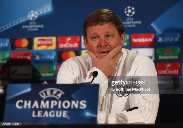 Hein Vanhaezebrouck, manager of RSC Anderlecht looks on during an Anderlecht press conference on the eve of their UEFA Champions League match against...