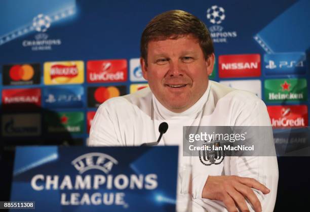 Hein Vanhaezebrouck, manager of RSC Anderlecht looks on during an Anderlecht press conference on the eve of their UEFA Champions League match against...