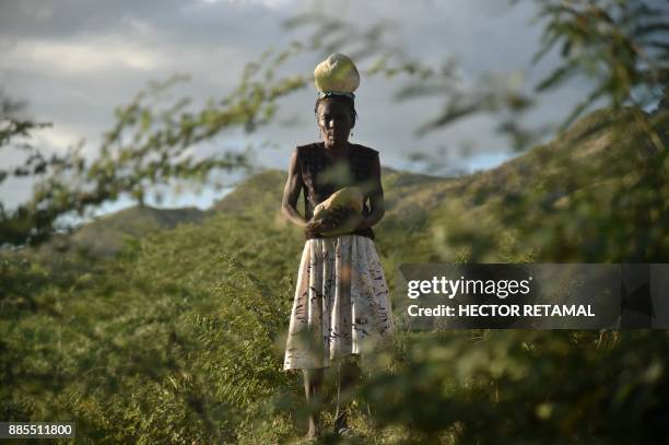 Immaculee Cajuste walks with a stone on her head after collecting it to build the ground of her new house, in the community of Terre Noire, in the...