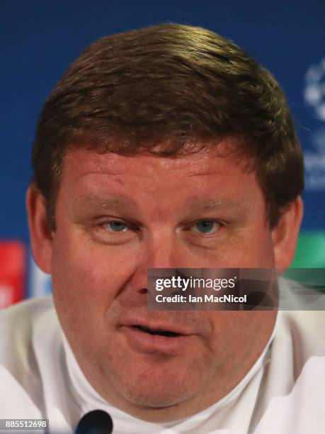 Hein Vanhaezebrouck, manager of RSC Anderlecht looks on during an Anderlecht press conference on the eve of their UEFA Champions League match against...