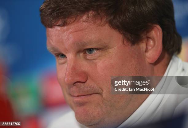 Hein Vanhaezebrouck, manager of RSC Anderlecht looks on during an Anderlecht press conference on the eve of their UEFA Champions League match against...