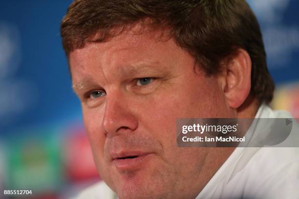 Hein Vanhaezebrouck, manager of RSC Anderlecht looks on during an Anderlecht press conference on the eve of their UEFA Champions League match against...