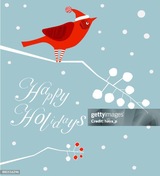 vogel-weihnachtsmann auf ast, text - happy holidays!, weihnachten und frohe weihnachtsdekoration, schneeflocken - blue cardinal bird stock-grafiken, -clipart, -cartoons und -symbole