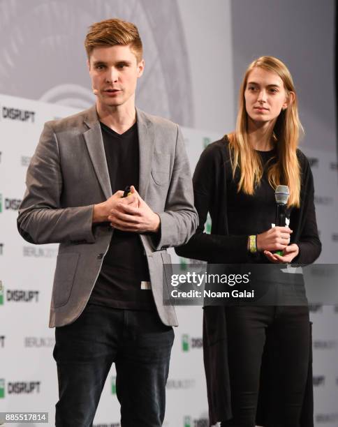 Philip Eller and Victoria Hauzeneder of Blik speak at TechCrunch Disrupt Berlin 2017 at Arena Berlin on December 4, 2017 in Berlin, Germany.
