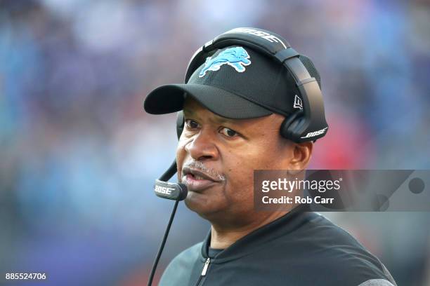 Head Coach Jim Caldwell of the Detroit Lions looks on from the side lines in the third quarter against the Baltimore Ravens at M&T Bank Stadium on...