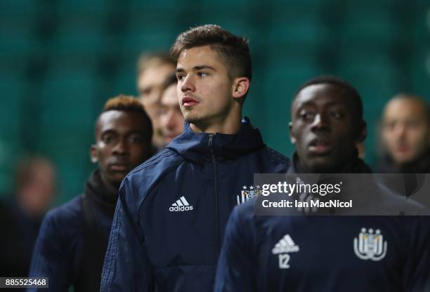 Leander Dendoncker of RSC Anderlecht warms up with team mates during an Anderlecht training session on the eve of their UEFA Champions League match...