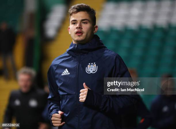 Leander Dendoncker of RSC Anderlecht warms up during an Anderlecht training session on the eve of their UEFA Champions League match against Celtic at...