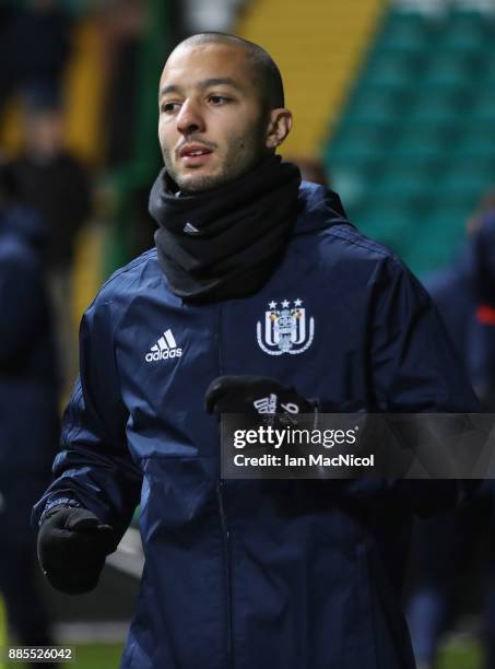 Sofiane Hanni of RSC Anderlecht warms up during an Anderlecht training session on the eve of their UEFA Champions League match against Celtic at...