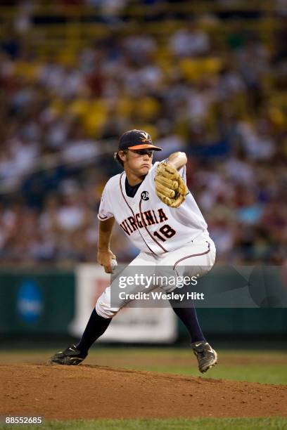 Tyler Wilson of the Virginia Cavaliers throws a pitch during a game against the Arkansas Razorbacks at the College World Series on June 17, 2009 at...