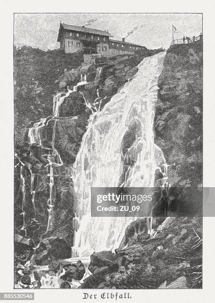 elbe waterfall and labska cottage, karkonosze national park, czech republic - karkonosze mountain range stock illustrations