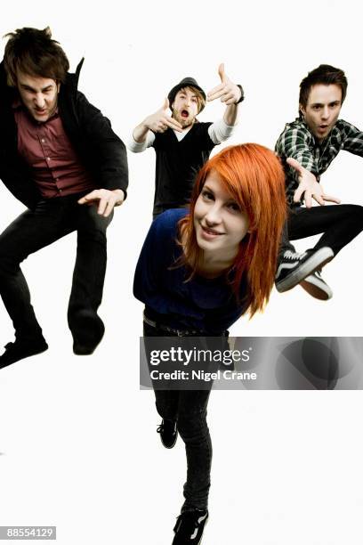 Posed studio group portrait of American rock band Paramore. Left to right are Zac Farro, Hayley Williams , Jeremy Davis and Josh Farro in London on...