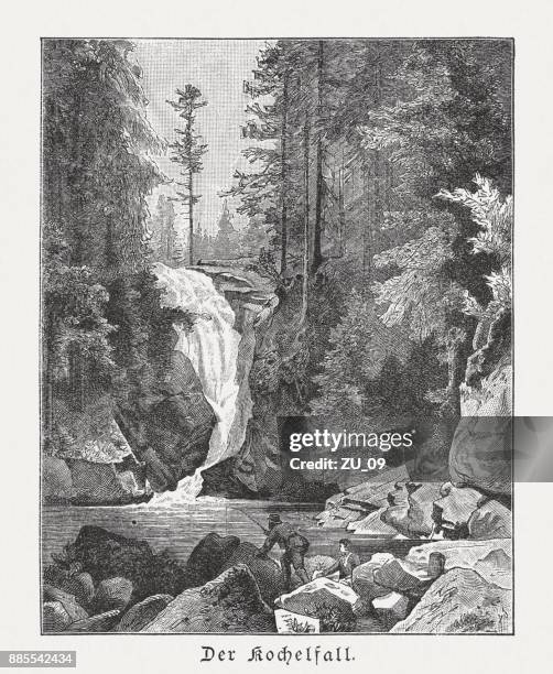kochel (szklarka) waterfall, karkonosze national park, poland, published in 1886 - poland landscape stock illustrations