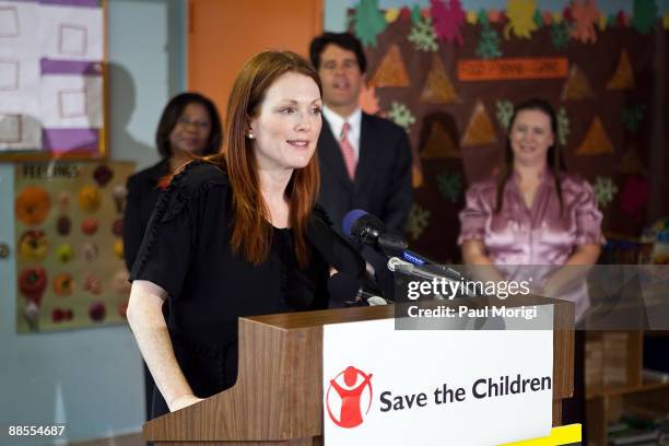 Julianne Moore, Artist Ambassador, Save the Children's U.S. Programs, talks with the press at the "Disaster Decade: Lessons Unlearned For The United...